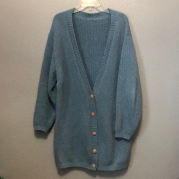 Vintage oversized cardigan sweater Unisex Large L chunky grandma Mr. Rogers blue - Picture 9 of 9